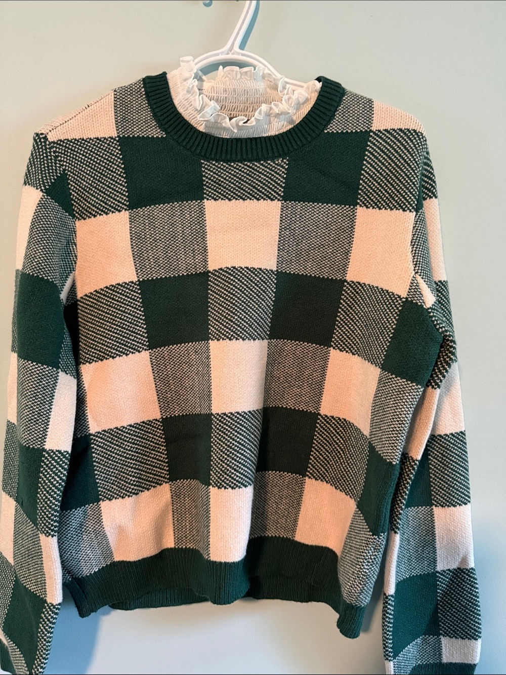 Anthropologie Green and Cream Buffalo Check Crewneck Sweater